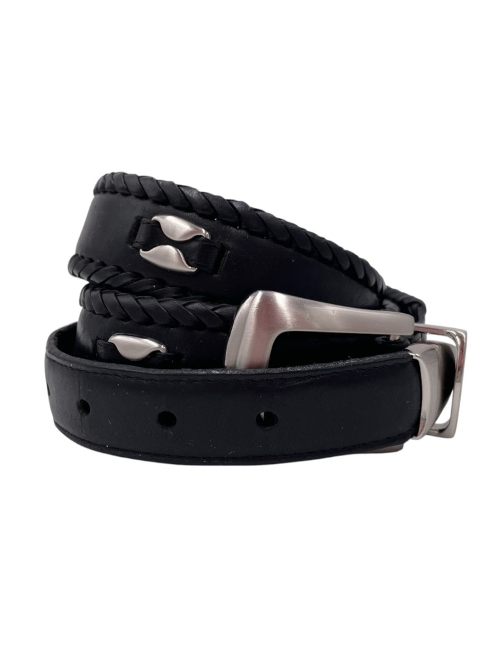 Black Full Grain Leather Belt Braided Edge Silver Conch Western Cowboy Rodeo 36